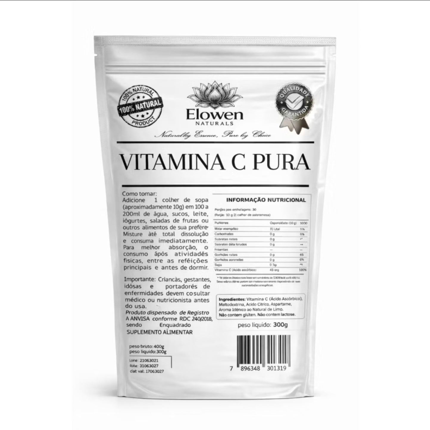 Vitamina C Pura 300g Importada | Imunidade Alta, Mais Energia e Antioxidante Poderoso